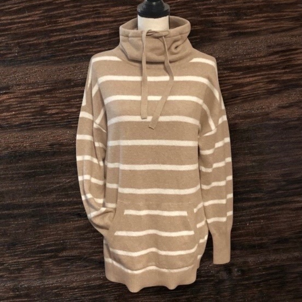 LOFT Womens Tan White Striped Funnel Neck Tunic Sweater Kangaroo Pocket Large